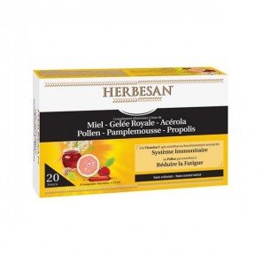 Herbesan miel- gelée royale- acérola- pollen- pamplemousse- propolis 20 ampoules x15ml